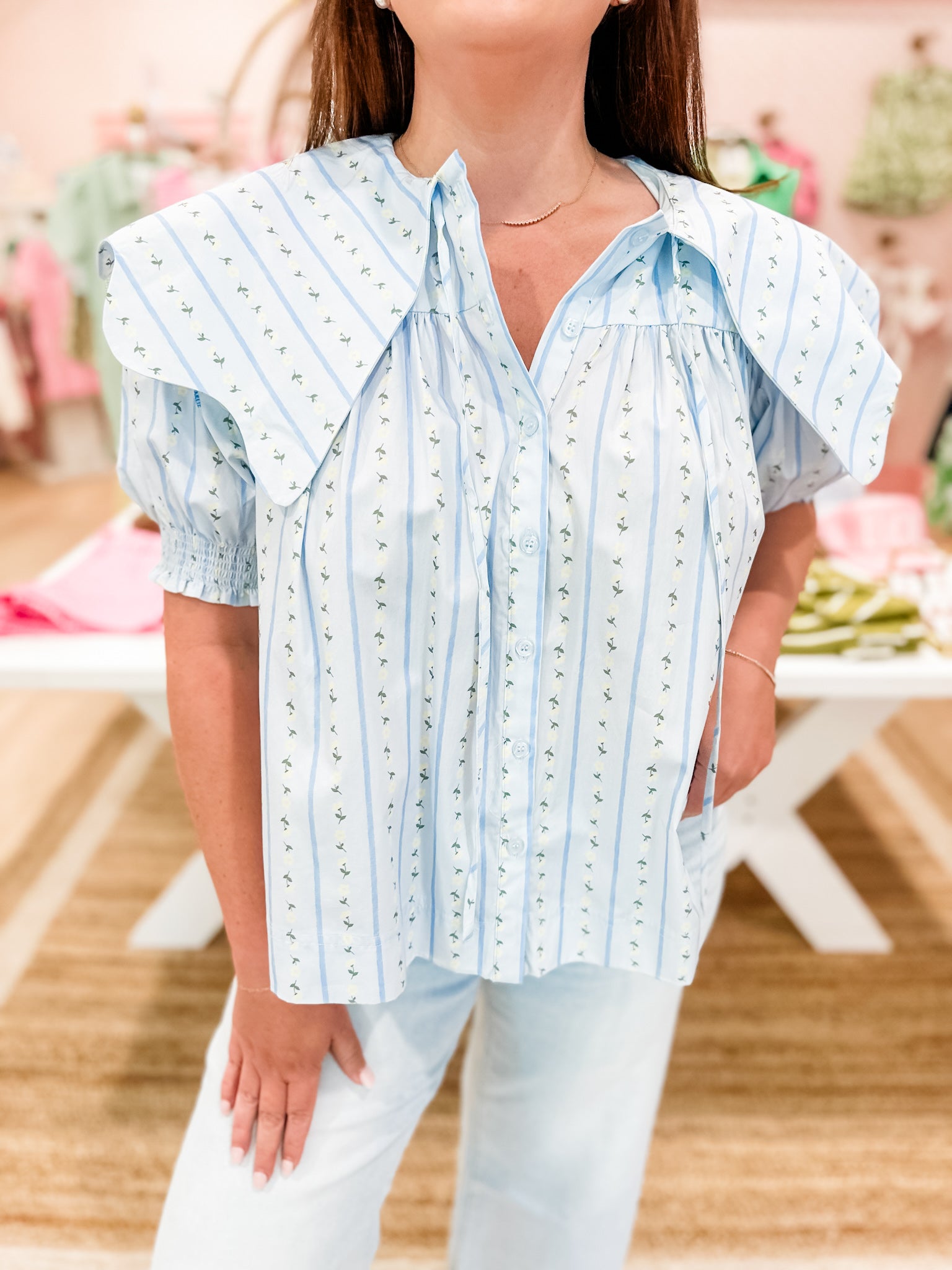 KARLIE Peter Pan Rosette Blouse - Blue