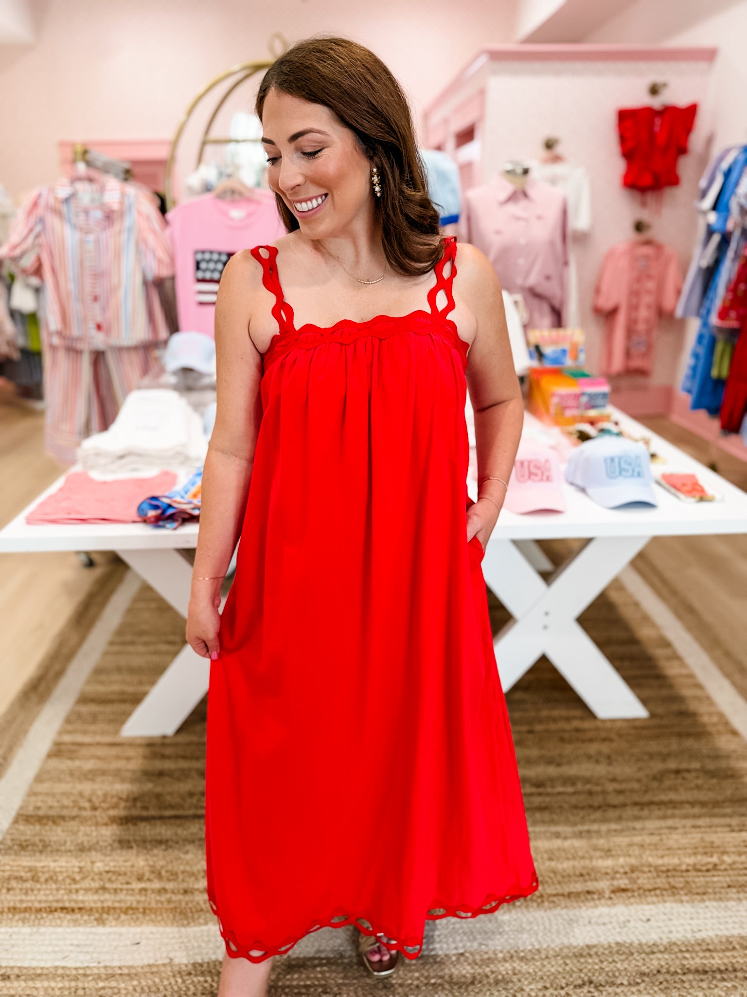 Ric Rac Detail Maxi Dress - Red
