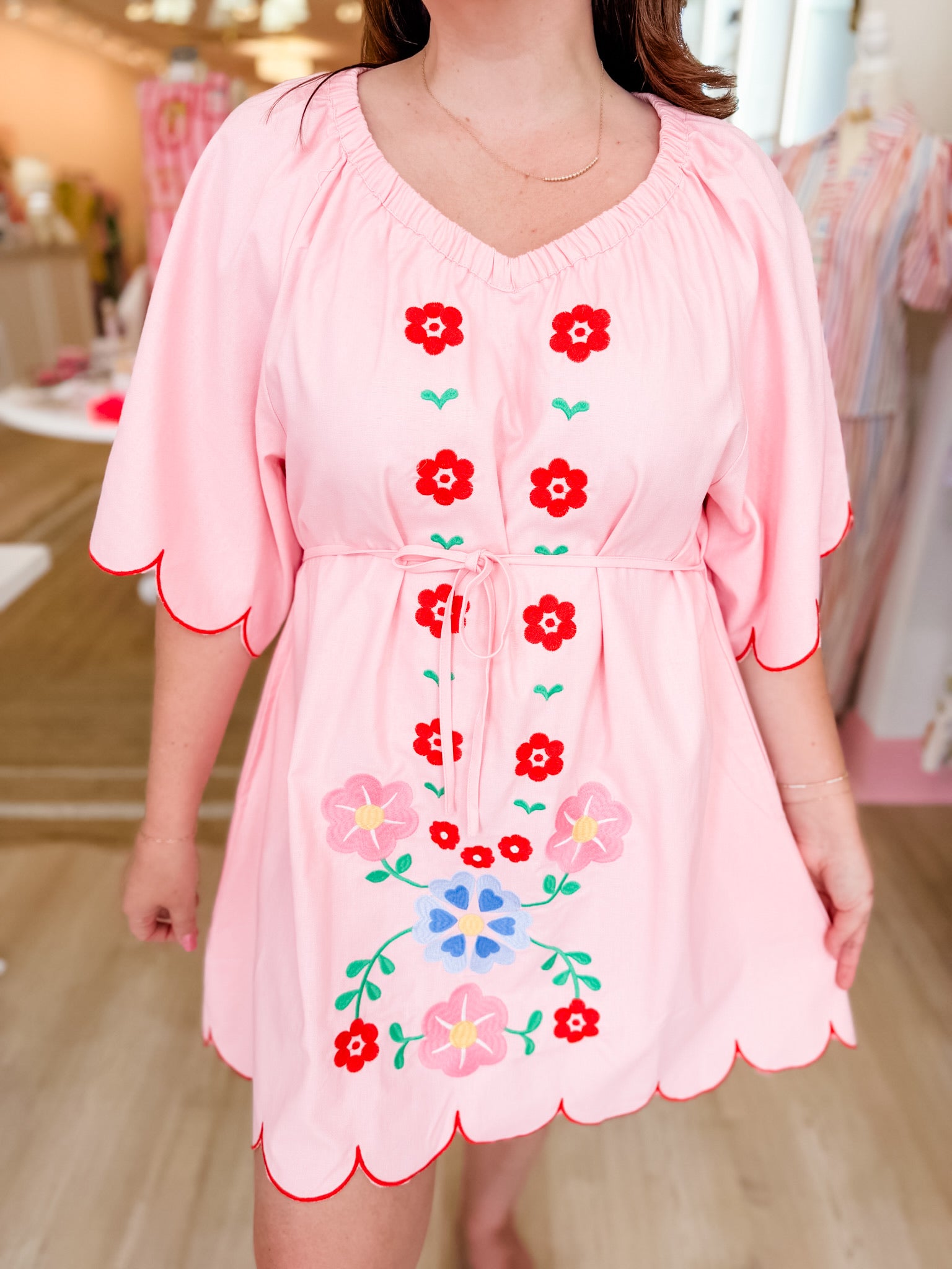 Embroidered Eden Scallop Dress- Pink