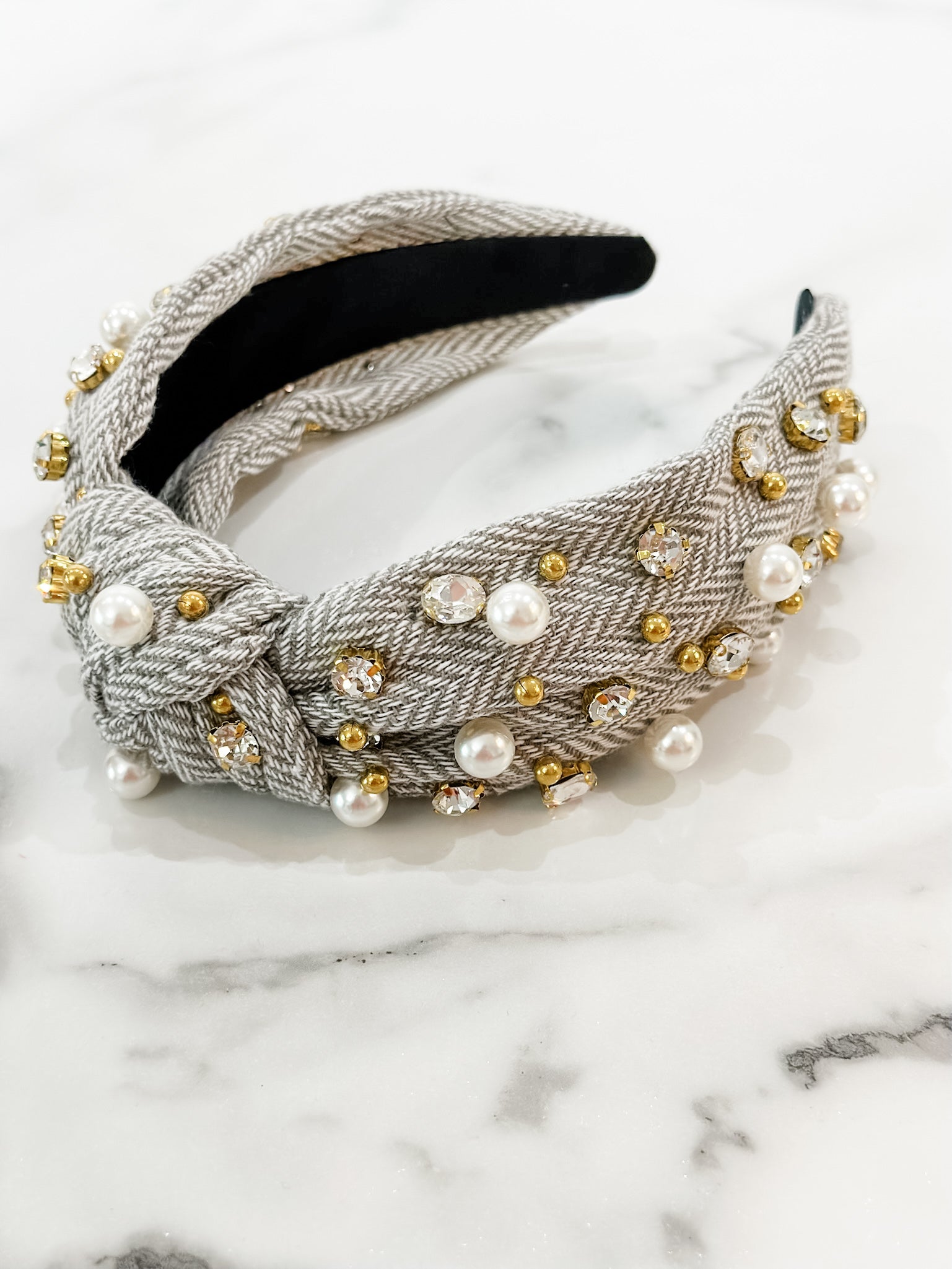 Tweed + Pearls & Crystals Headband - Grey