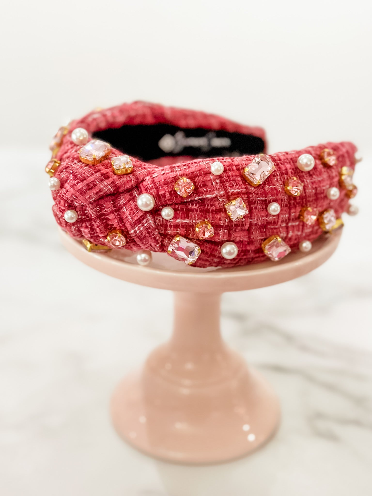 BRIANNA CANNON x Stylin Brunette - Maroon Tweed Headband with Blush Pink Crystals & Pearls