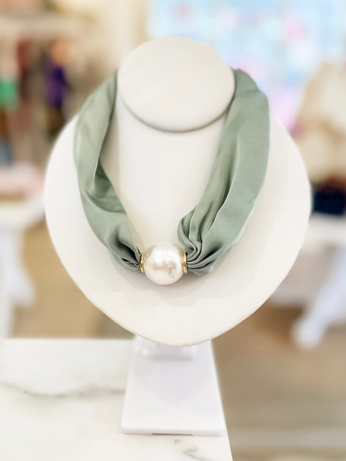 Scarf & Pearl Necklace- Sage