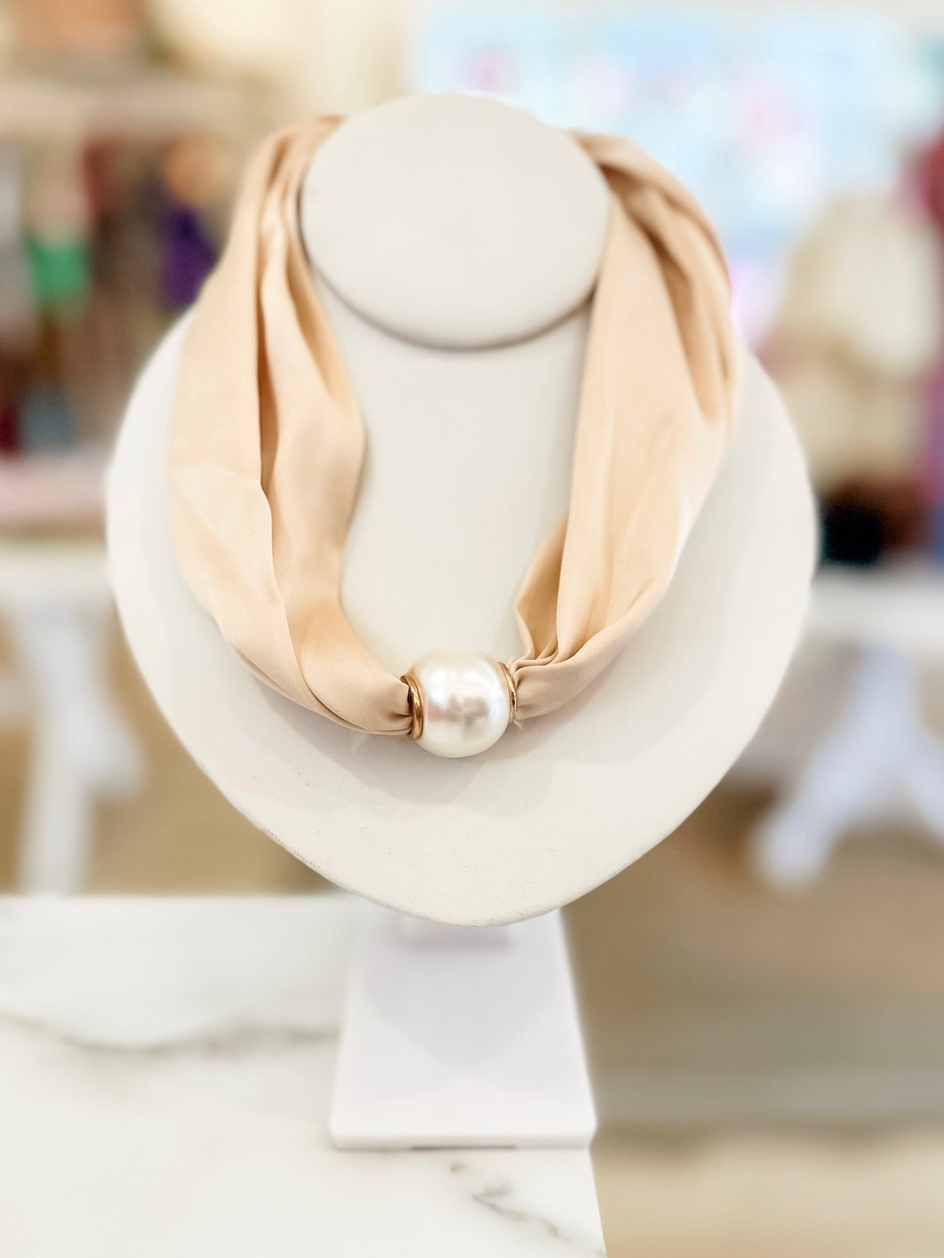 Scarf & Pearl Necklace- Beige