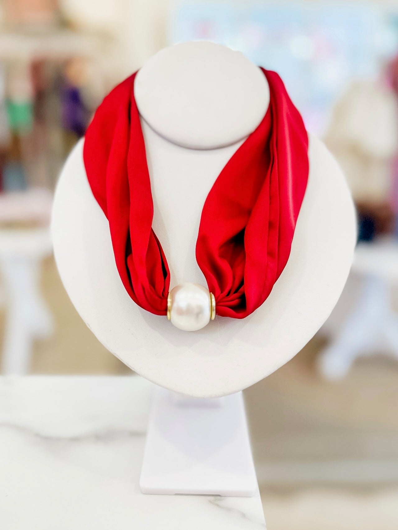Scarf & Pearl Necklace- Red