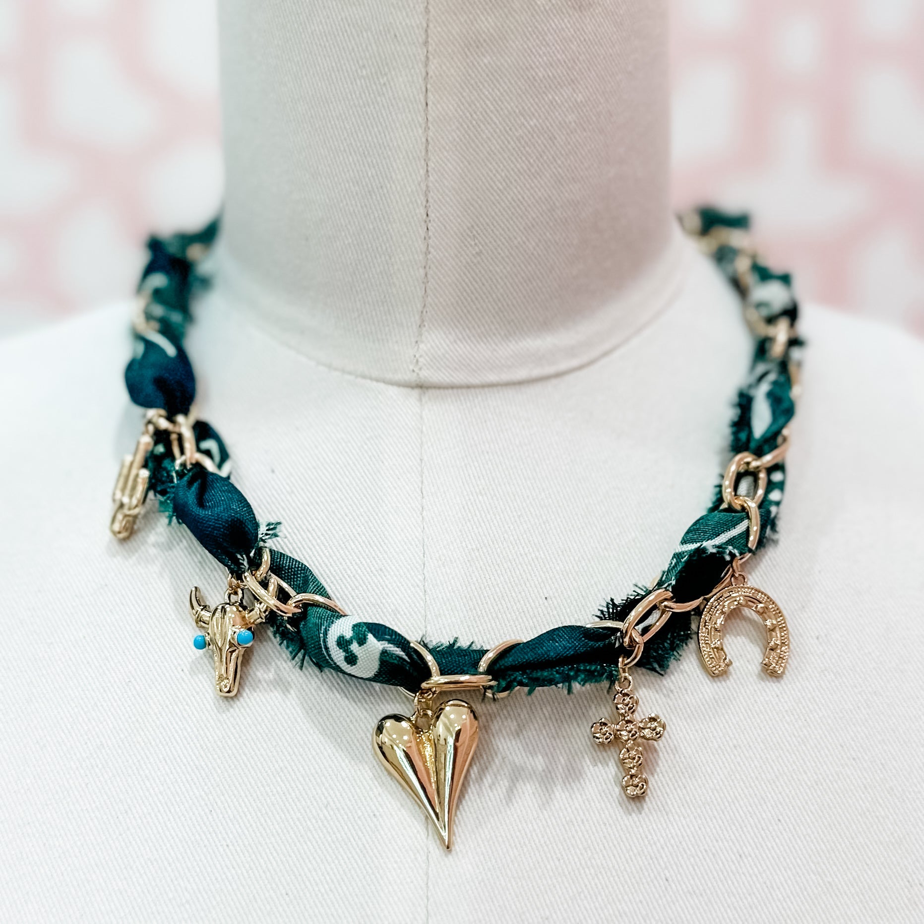 Hunter Green Bandana Necklace with Heart