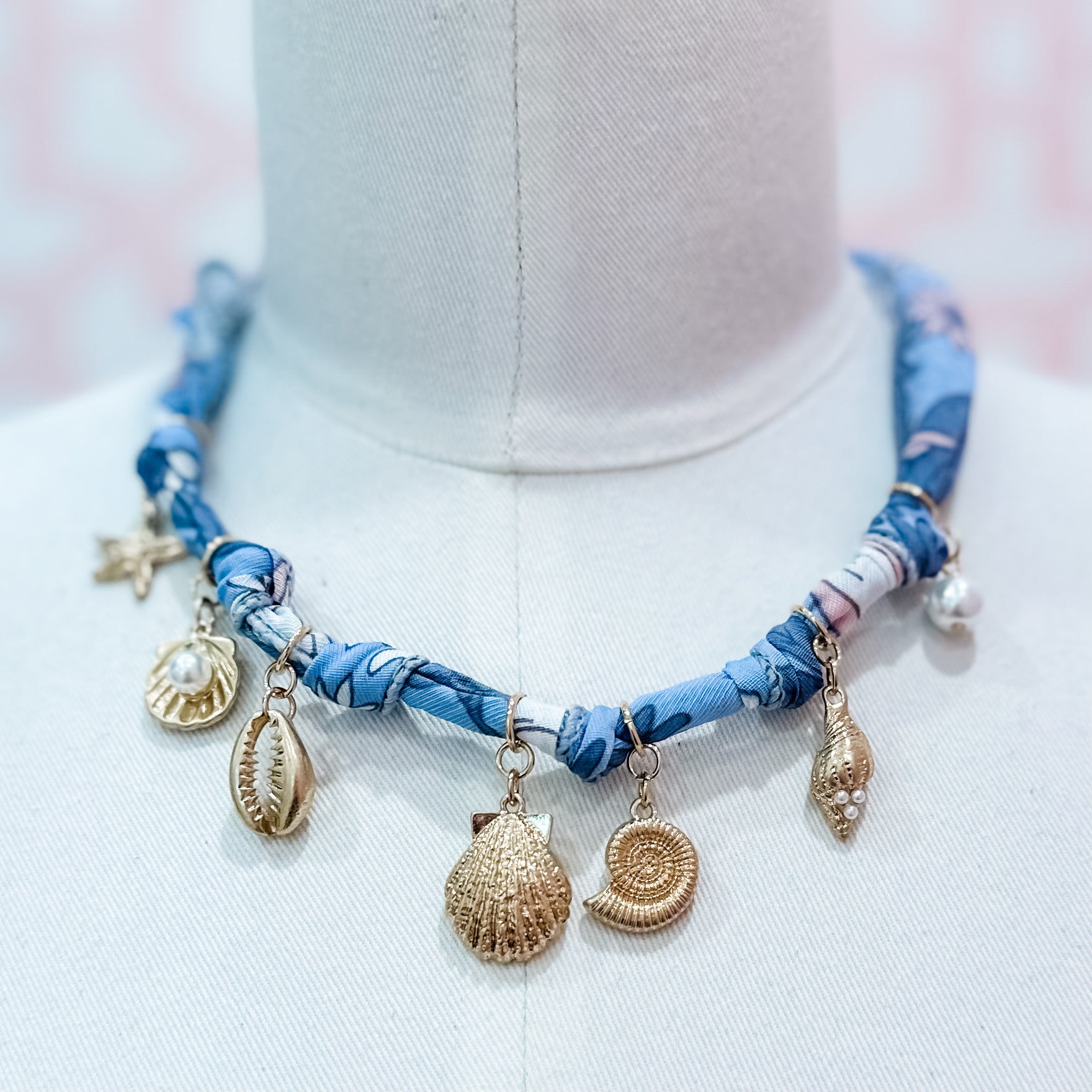 Blue Bandana Necklace with Florals