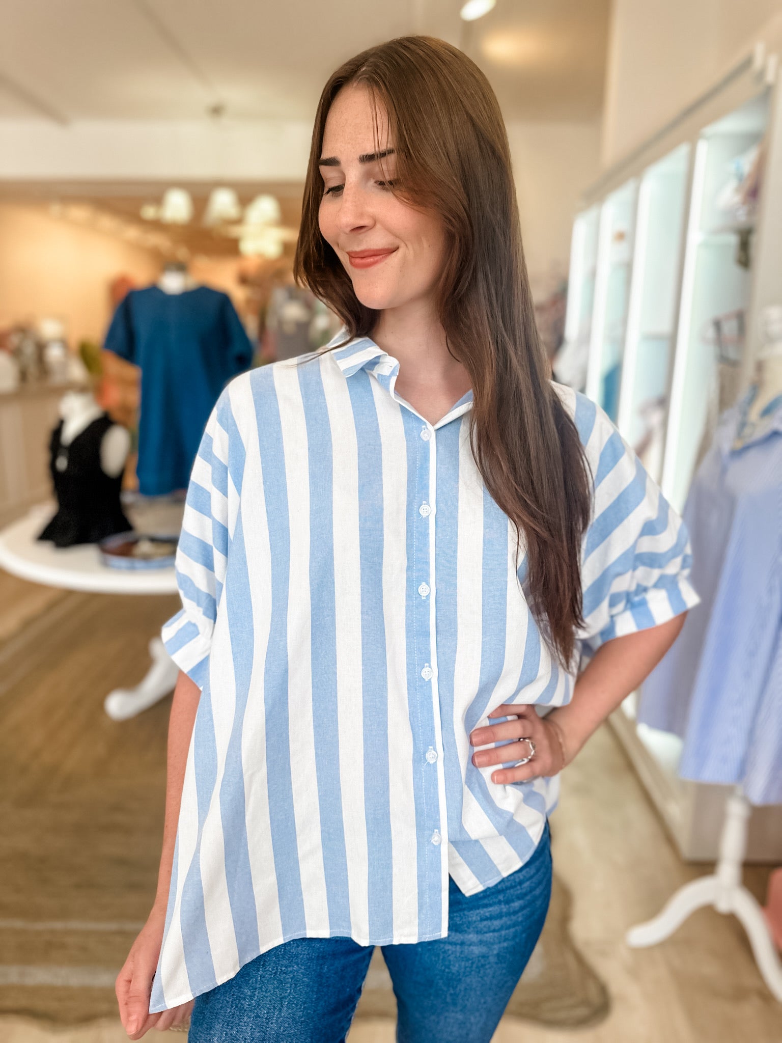 Perfect Flowy Striped Button Down Blouse - Blue