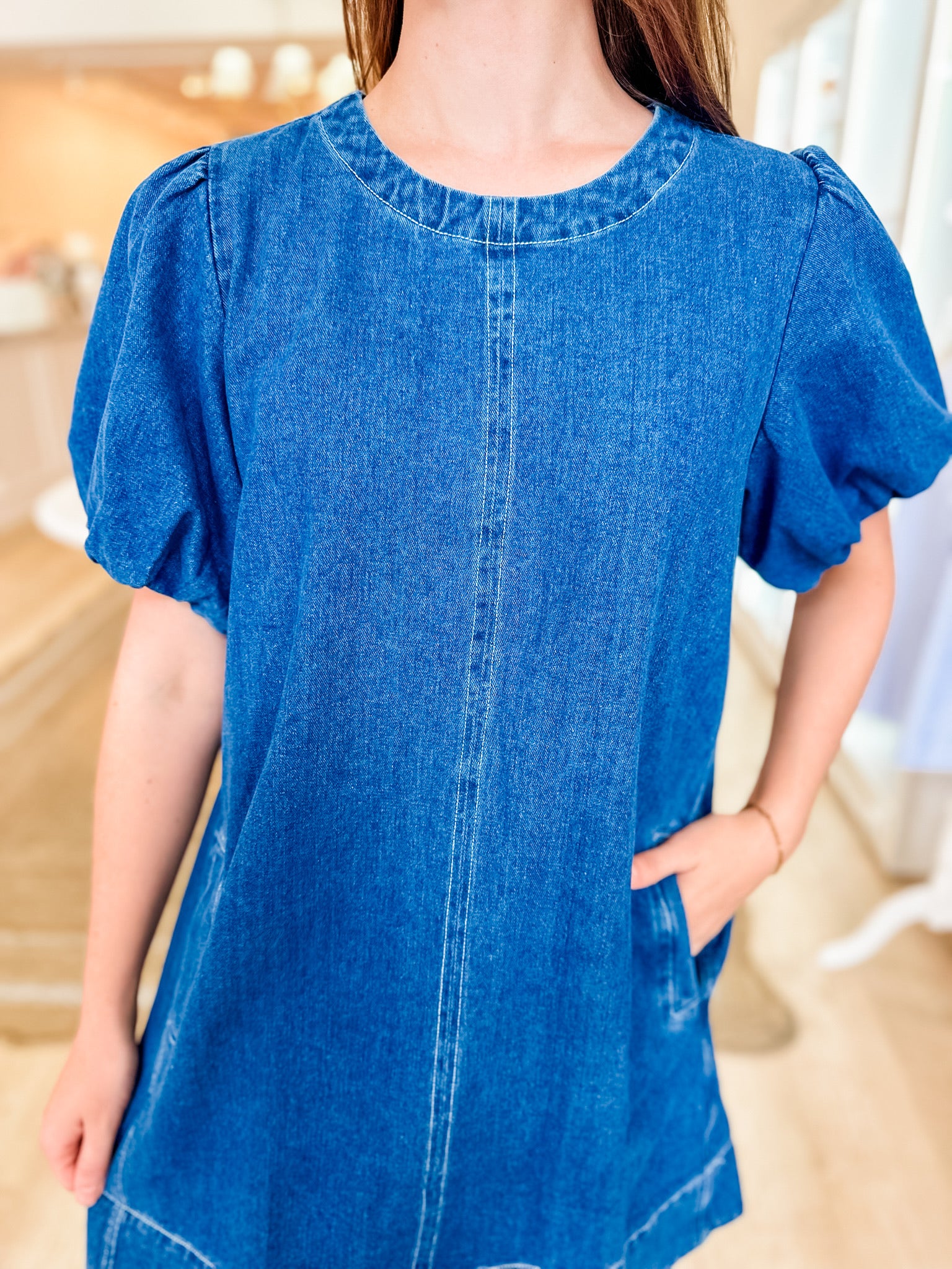 Denim Puff Sleeve Stitch Dress