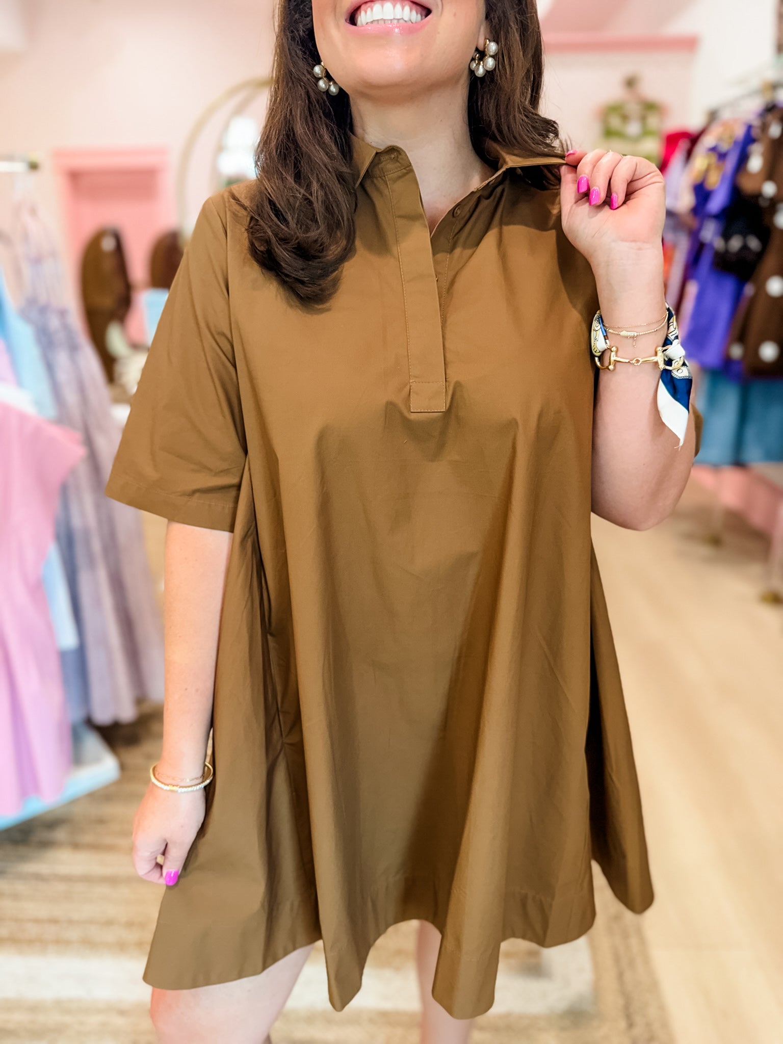 Pintuck Perfection Mini Dress- Camel