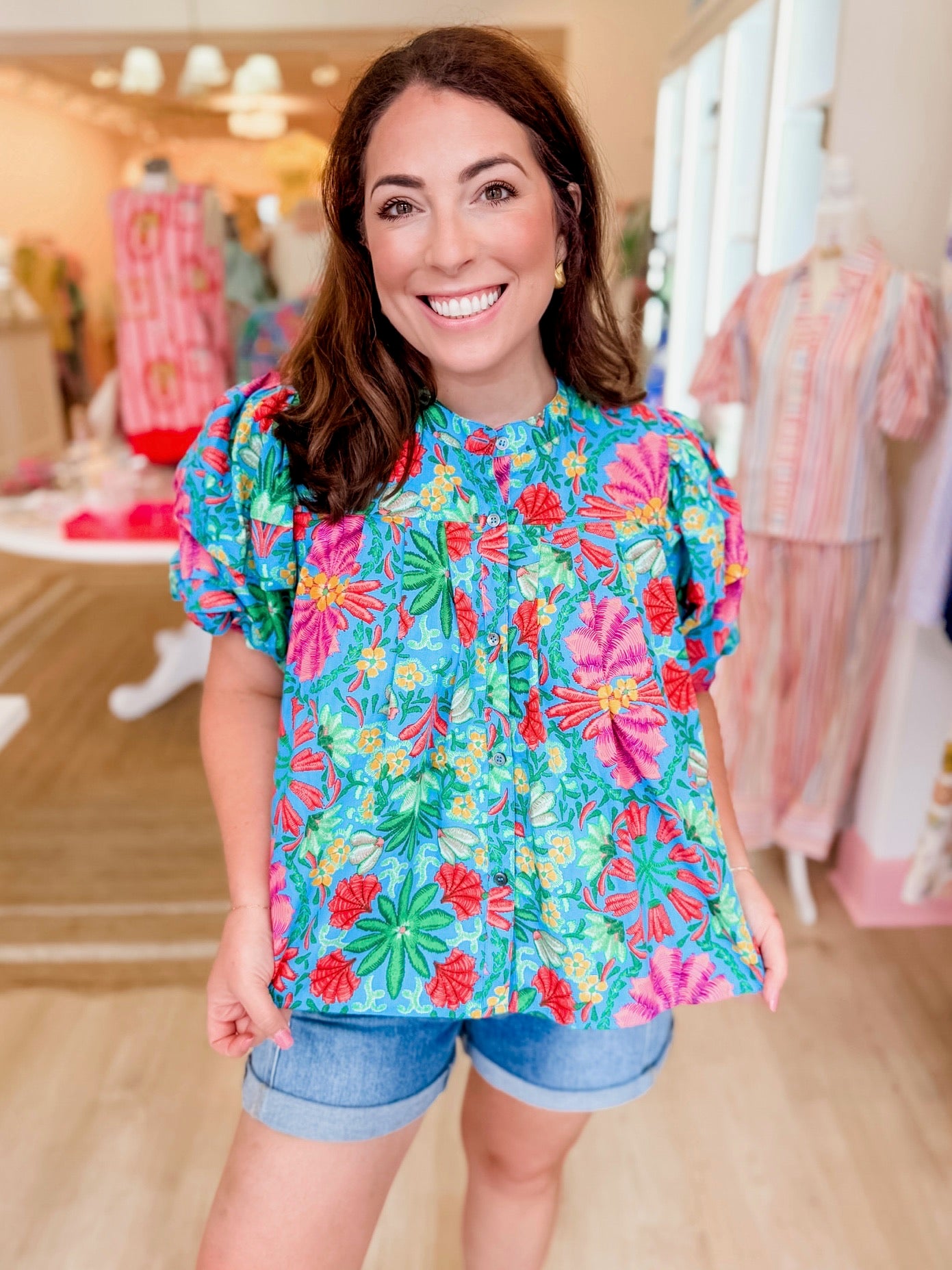 KARLIE Bright Floral Puff Sleeve Blouse