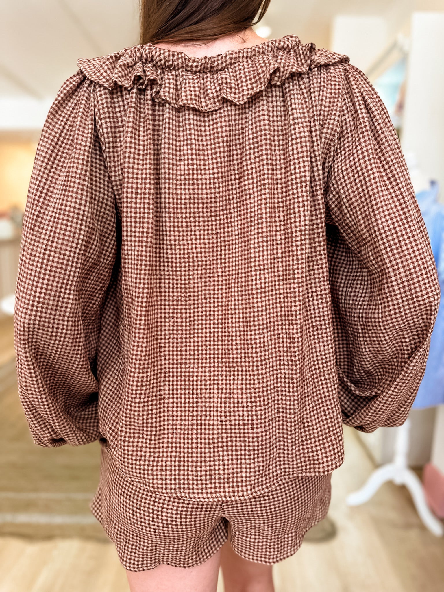Gingham Long Sleeve Short Set - Brown