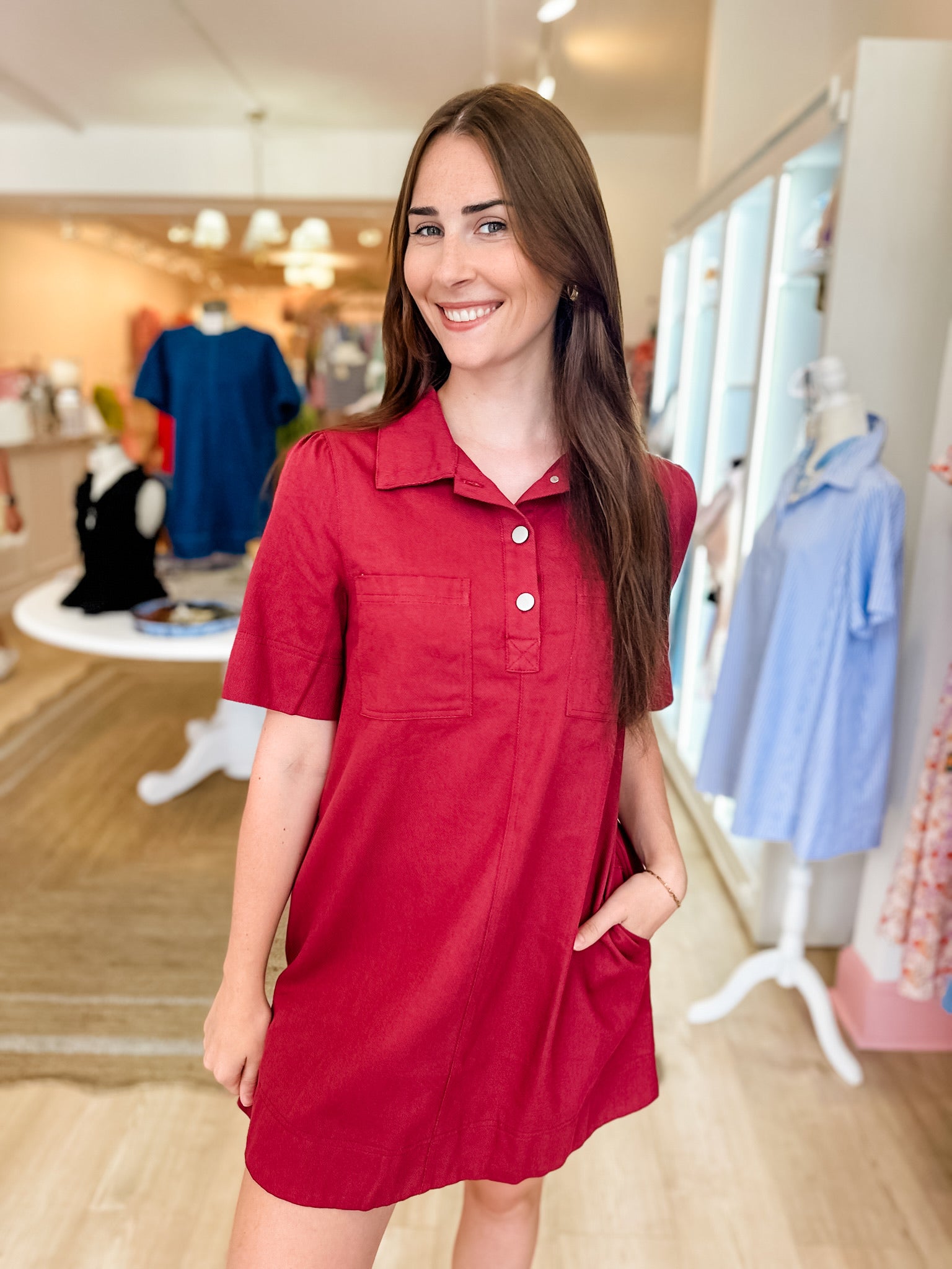Denim Pocket Dress - Burgundy