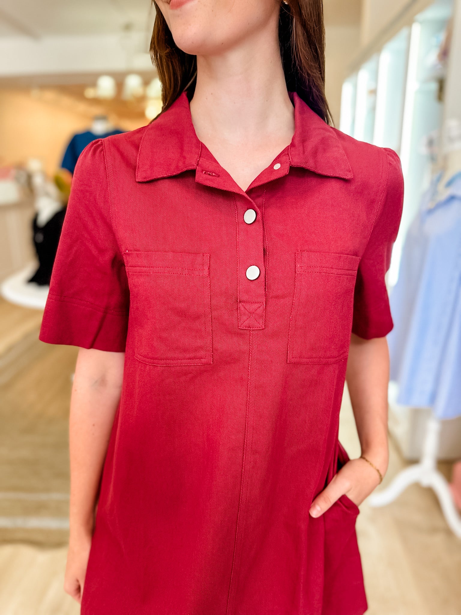 Denim Pocket Dress - Burgundy