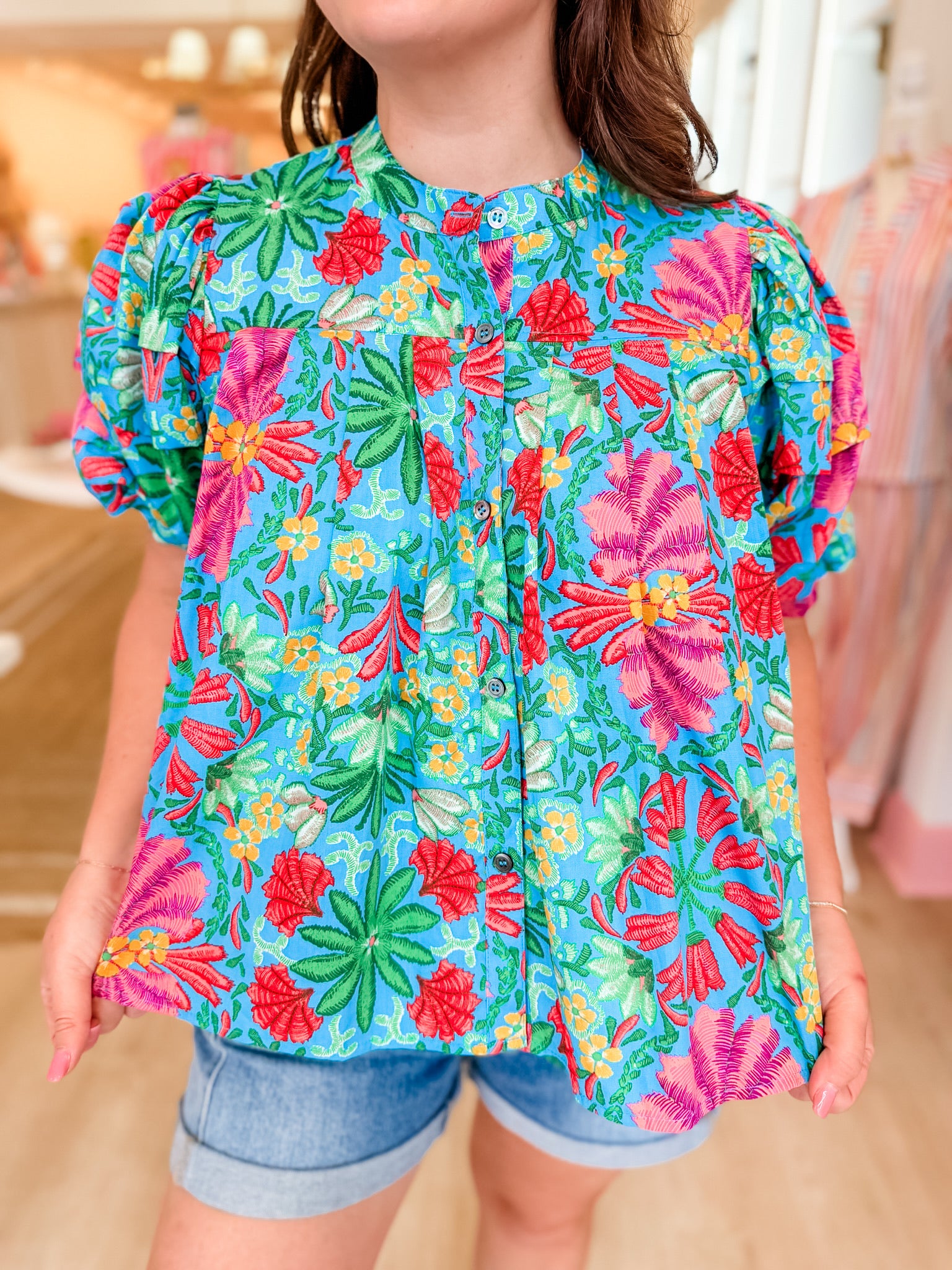 KARLIE Bright Floral Puff Sleeve Blouse
