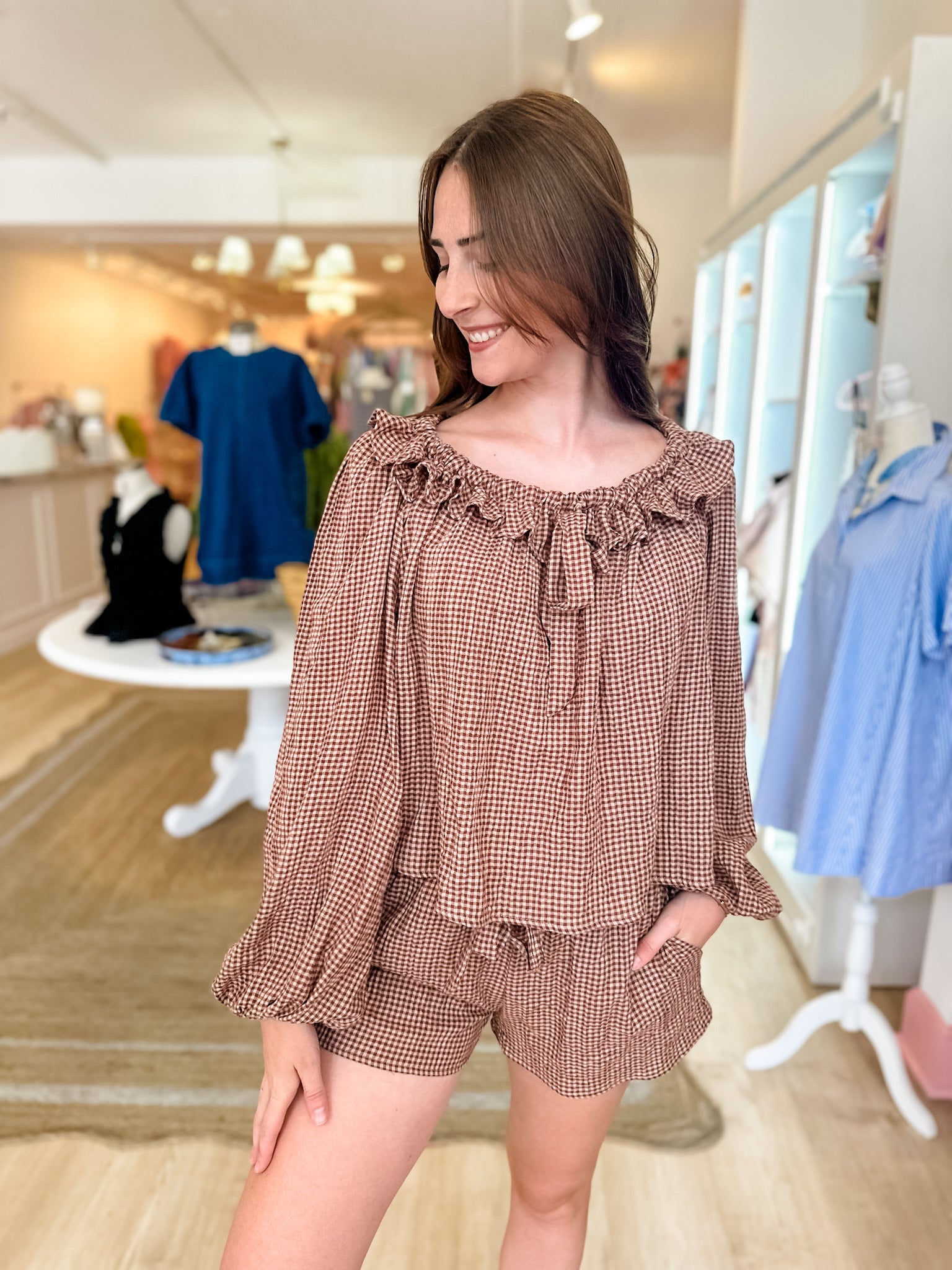 Gingham Long Sleeve Short Set - Brown