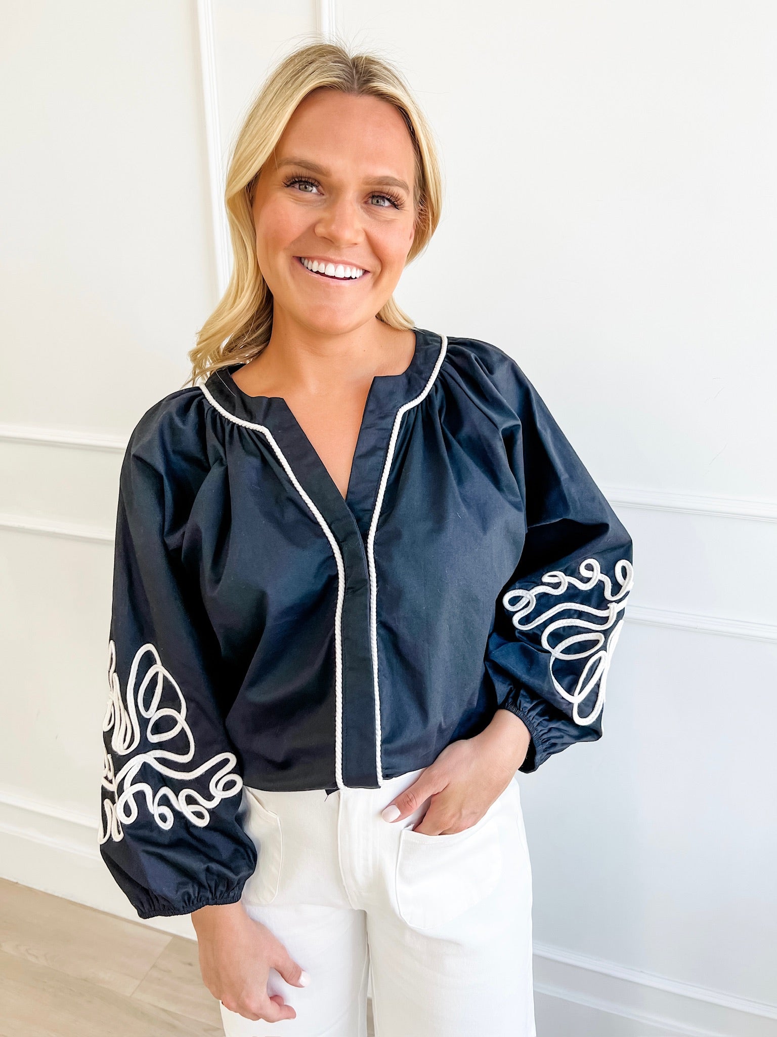 Seeing Black & White Embroidered Blouse