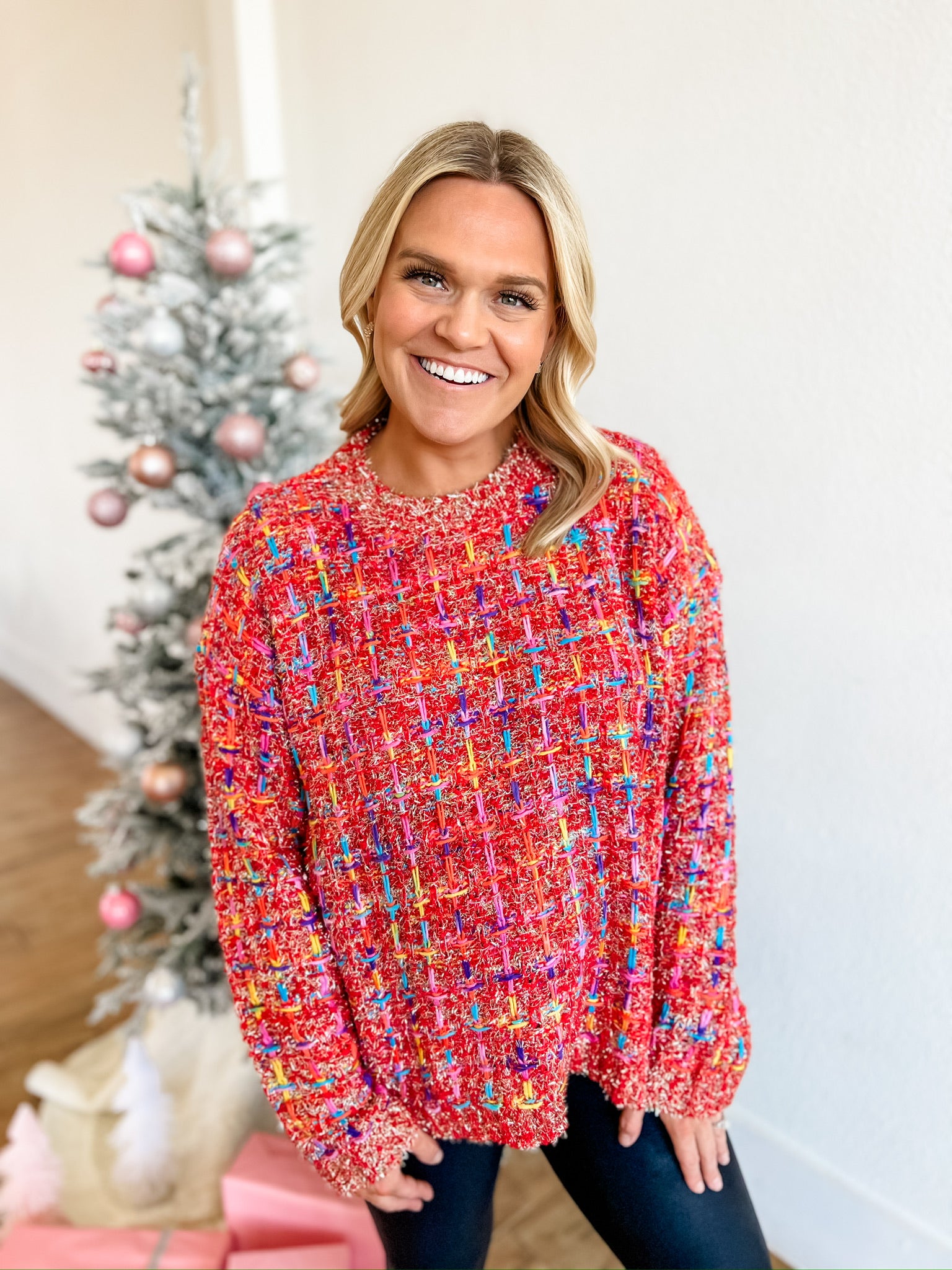 Holiday Tweed Sweater- Red