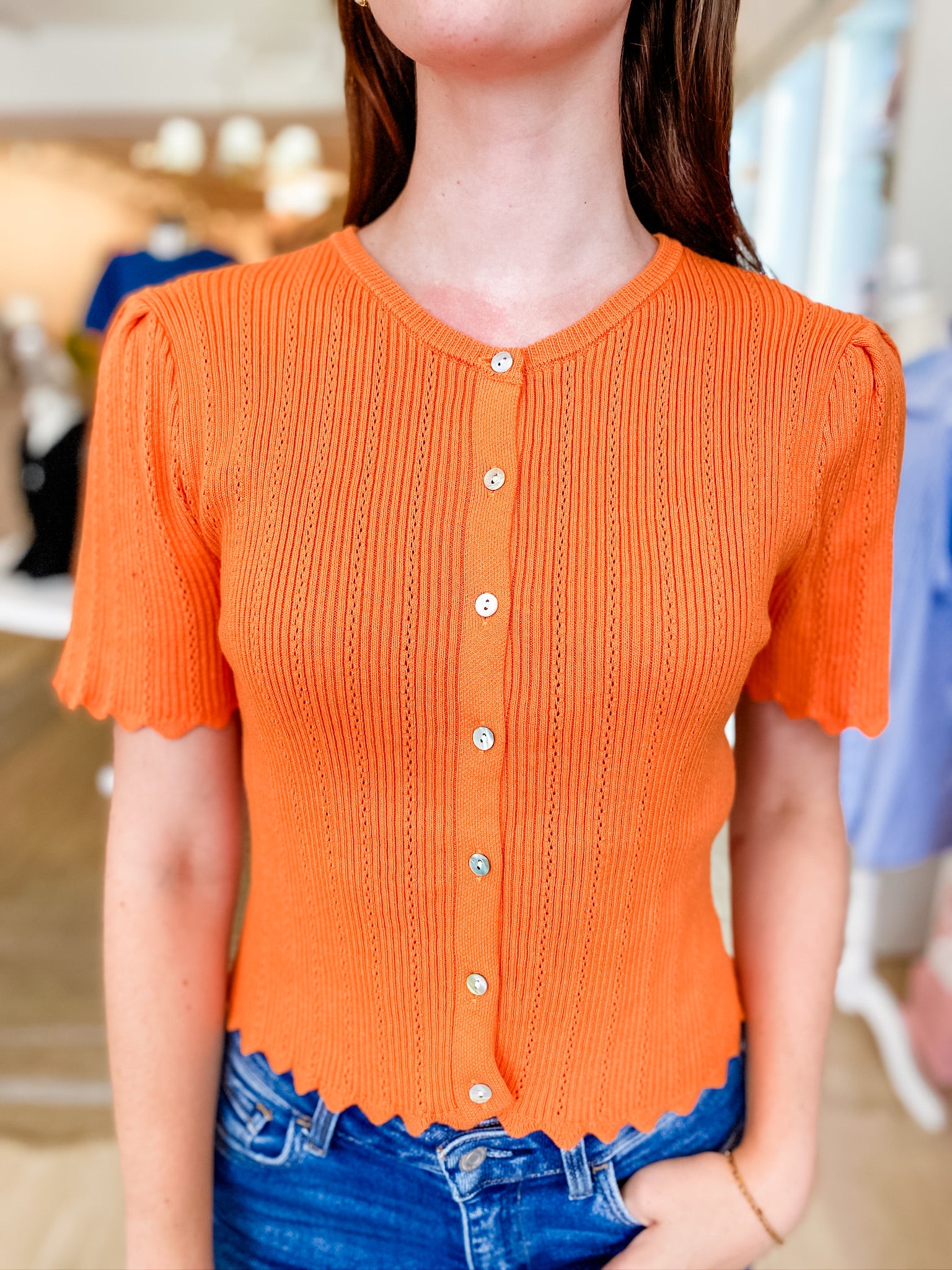 Scallop Pointelle Cardigan- Melon