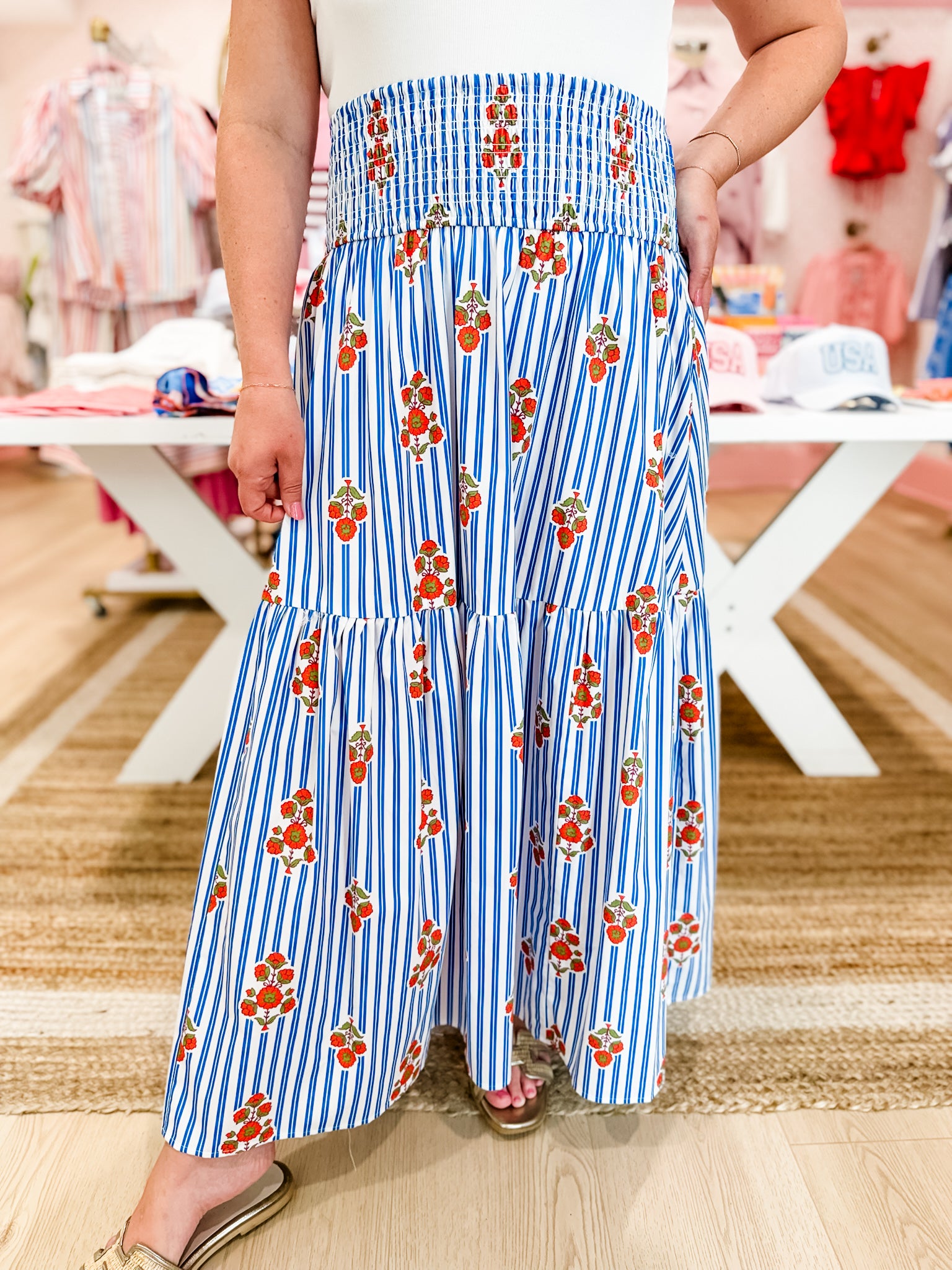 KARLIE Pretty & Patriotic Smocked Midi Skirt