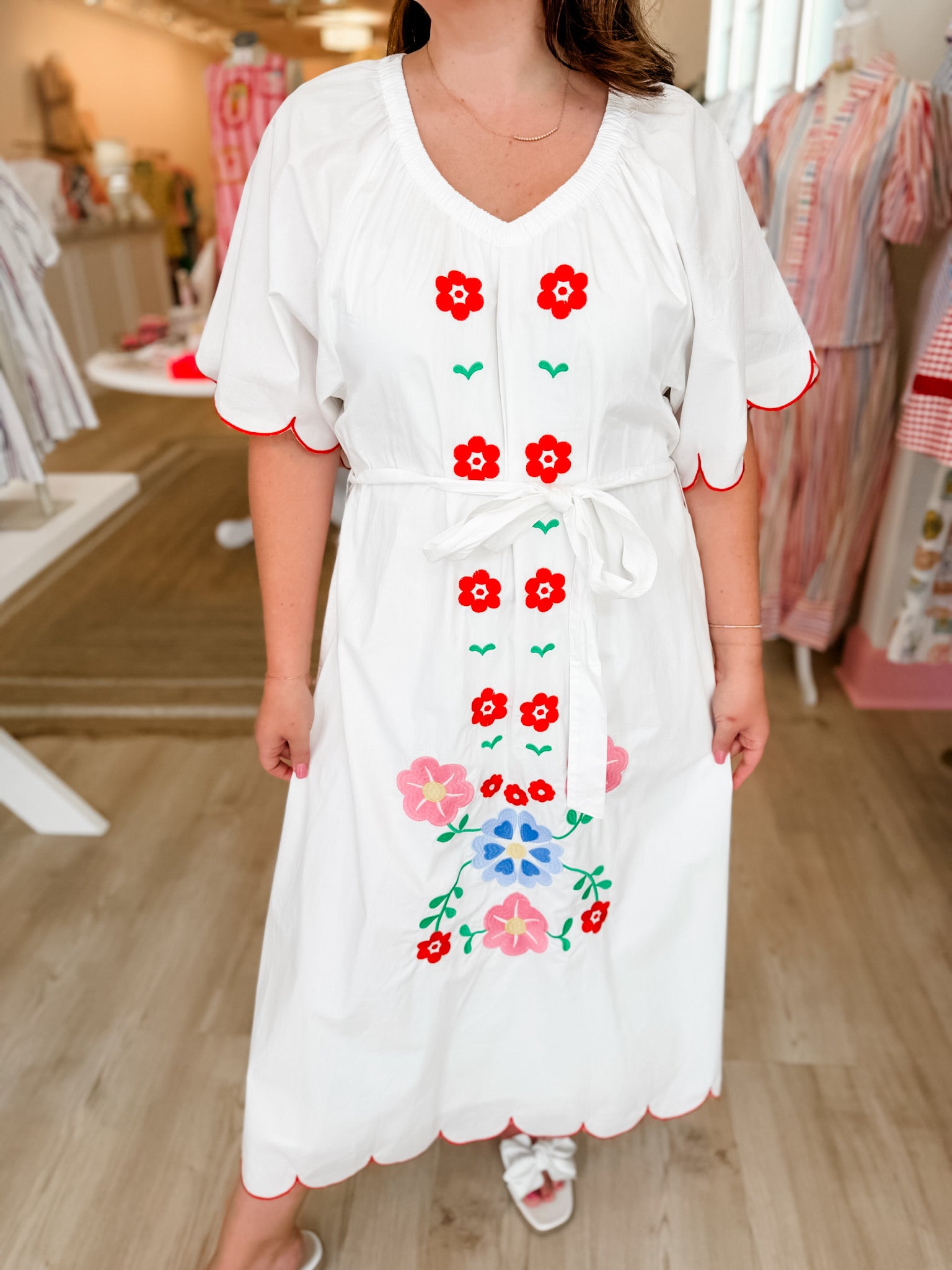 Embroidered Eden Scallop Dress- White