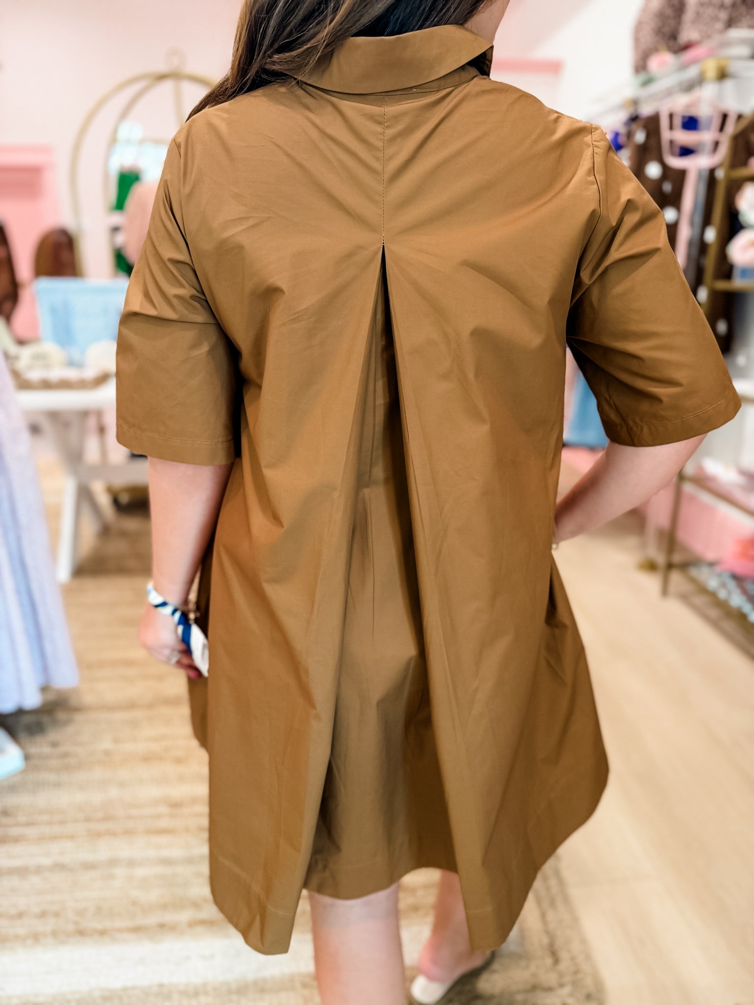 Pintuck Perfection Mini Dress- Camel