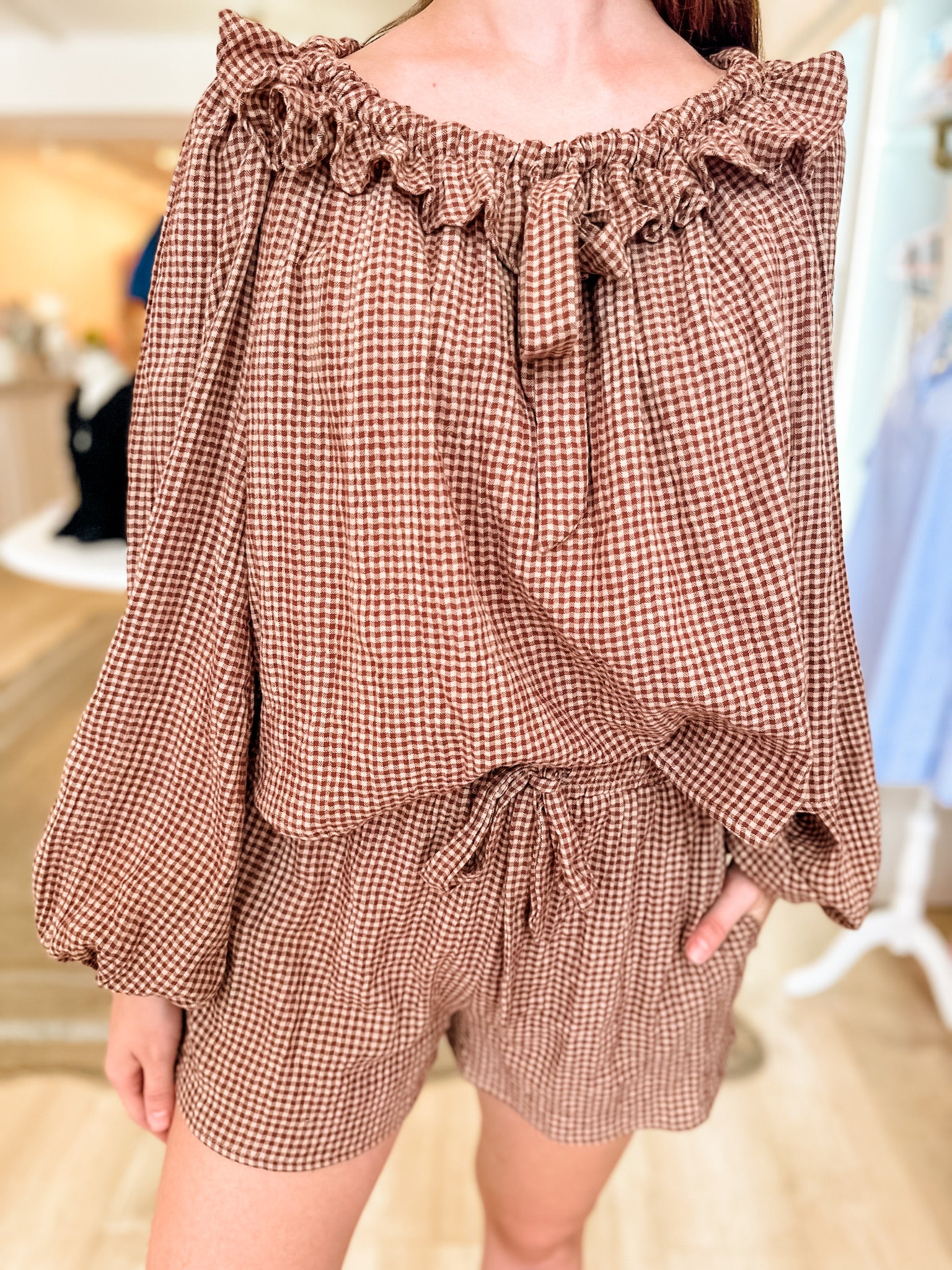 Gingham Long Sleeve Short Set - Brown