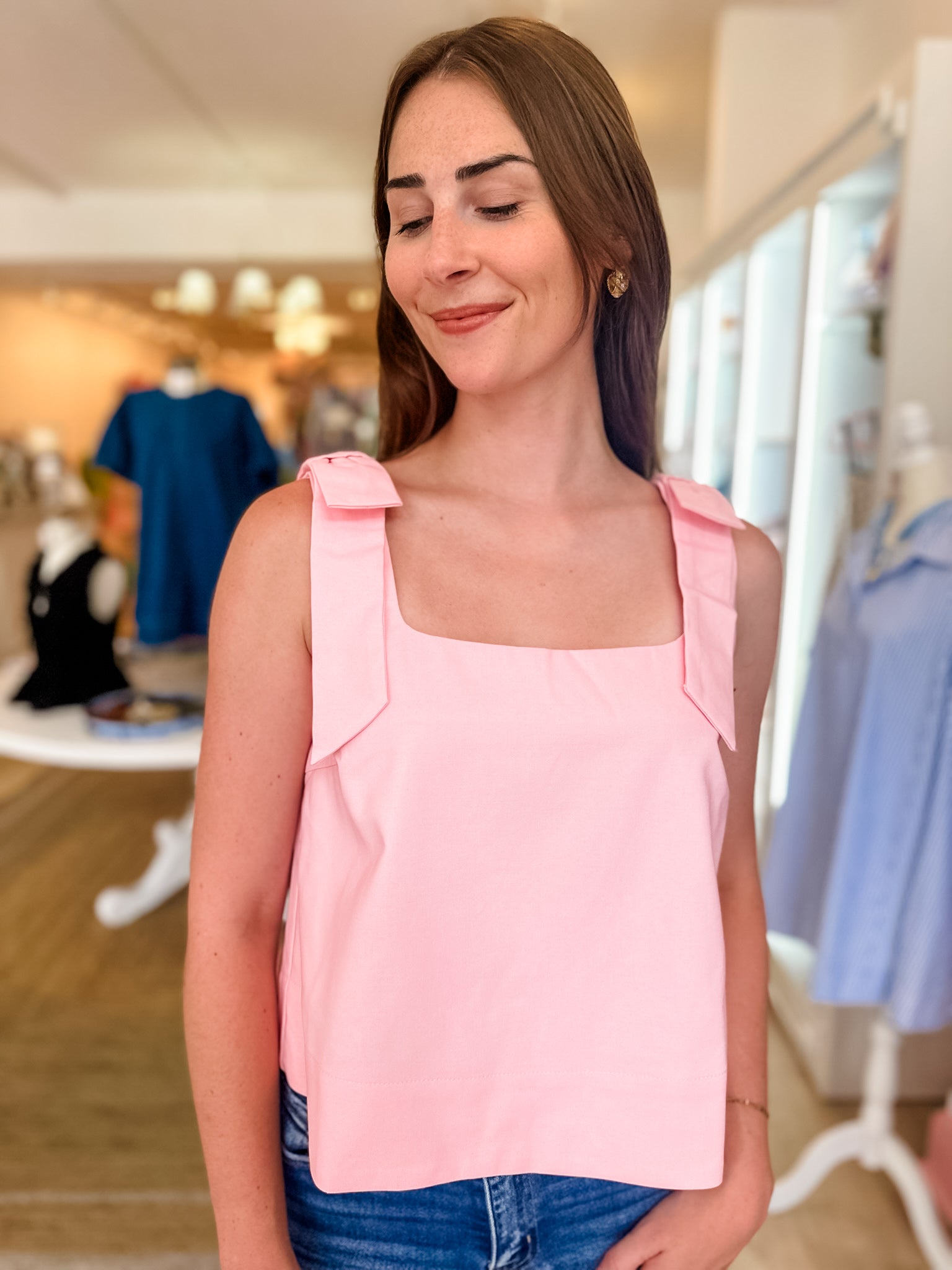 Square Neck Bow Shoulder Tank - Pink