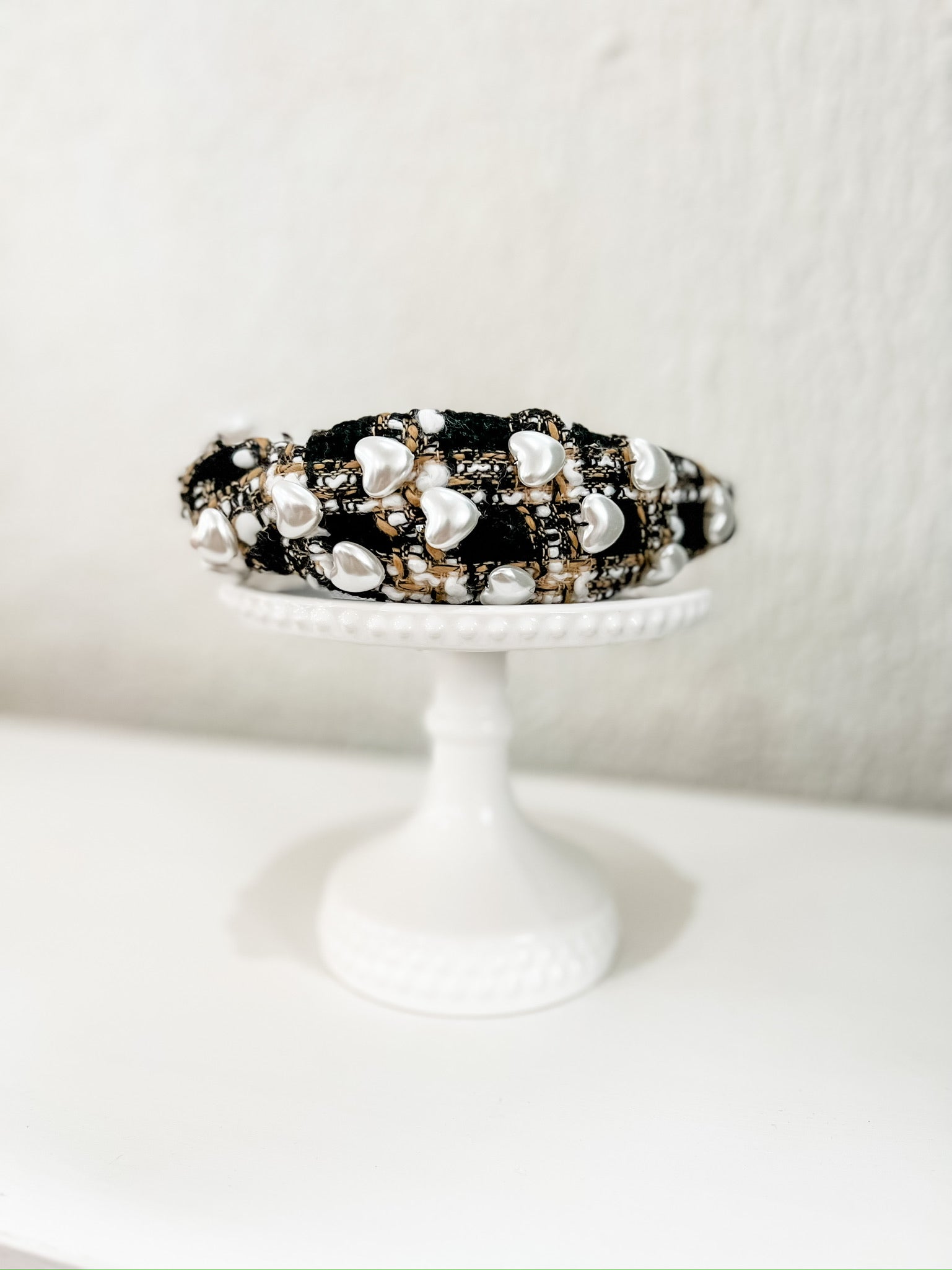 Brianna Cannon Black And Tan Tweed Headband With Large Pearl Hearts