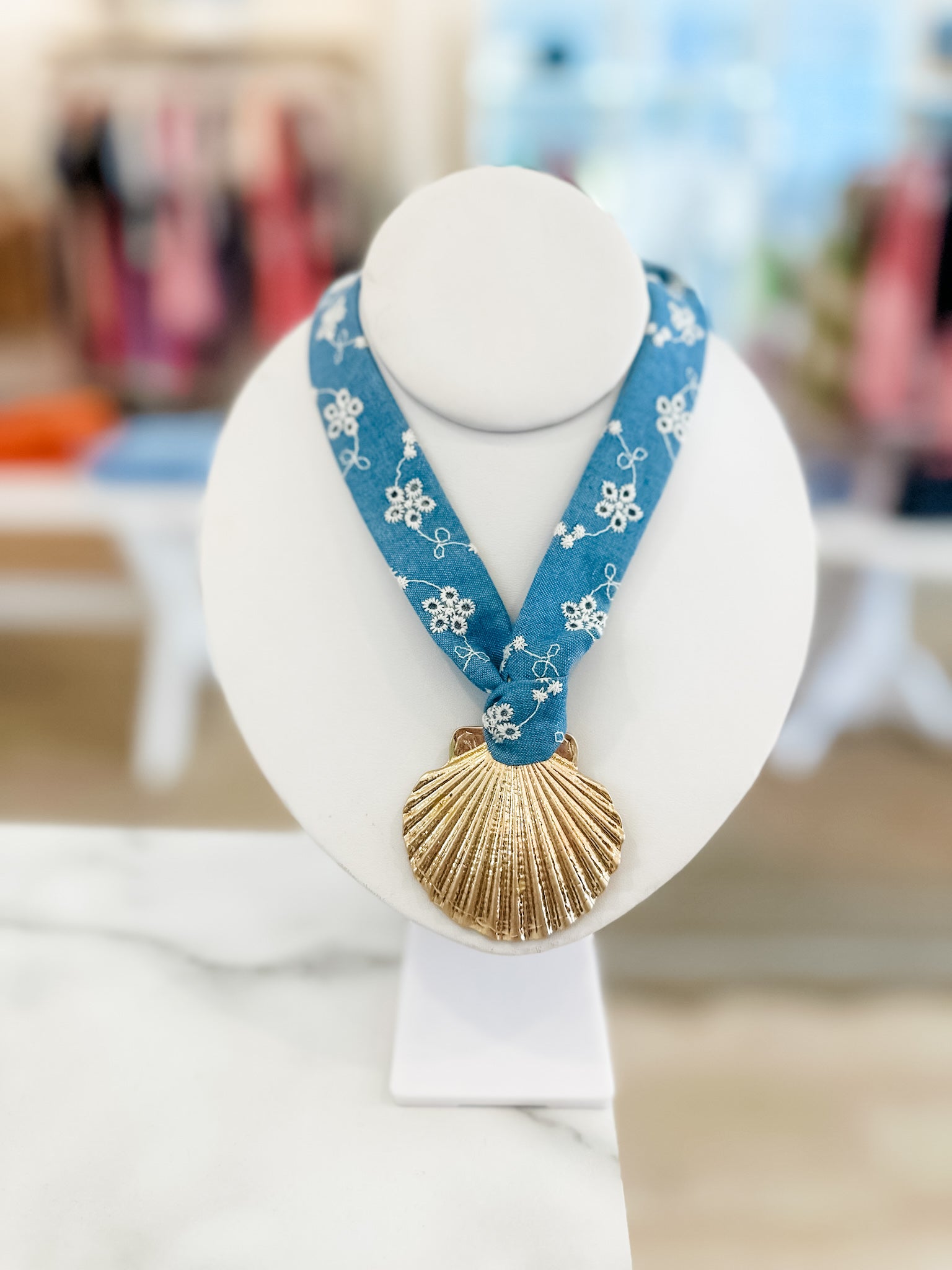 Denim & Shell Scarf Clasp Necklace
