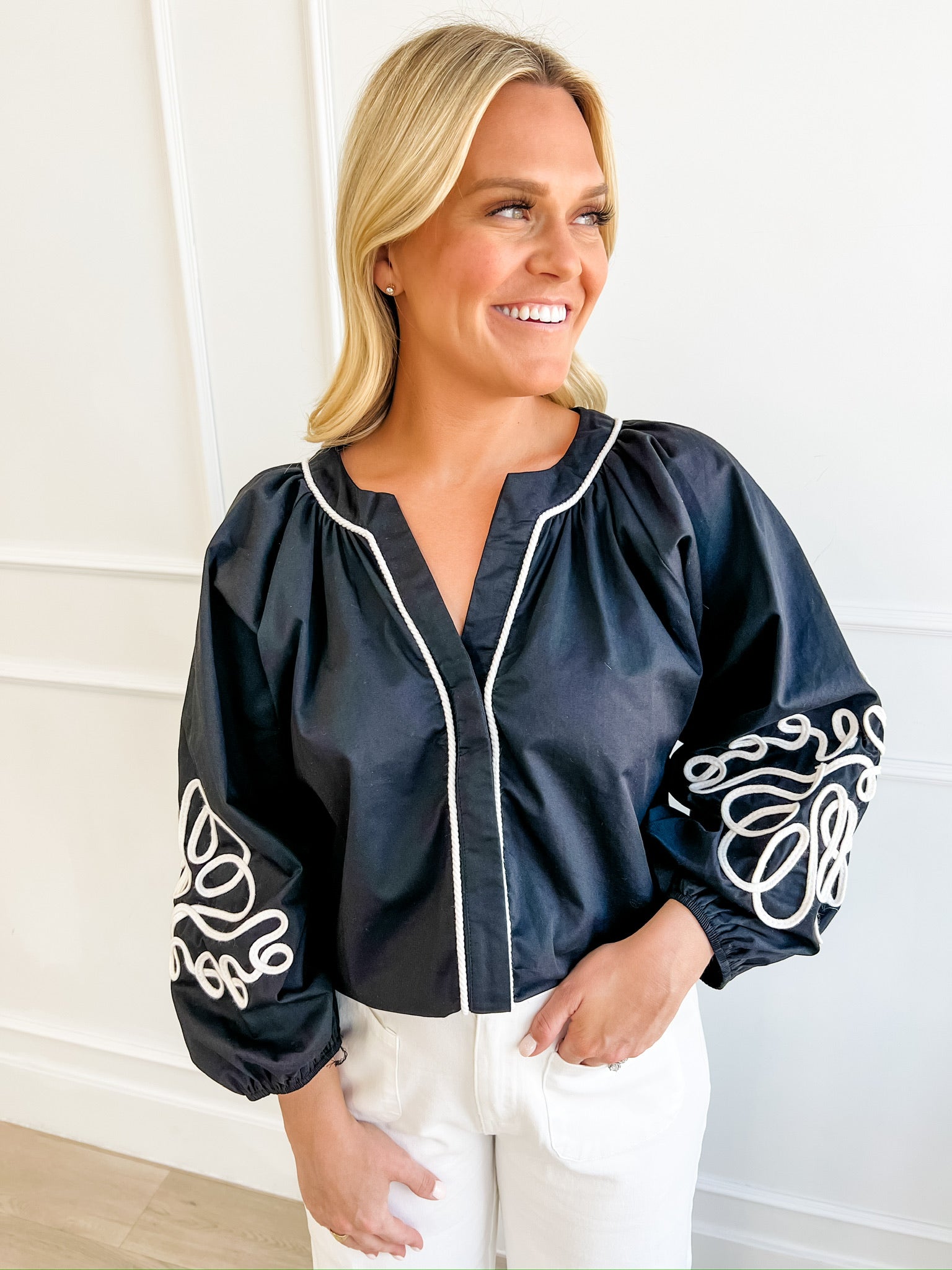 Seeing Black & White Embroidered Blouse