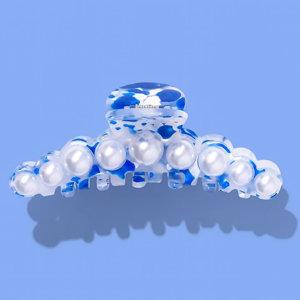 TAYLOR ELLIOTT DESIGNS Large Claw Hair Clip - Blue + White w/ Pearls