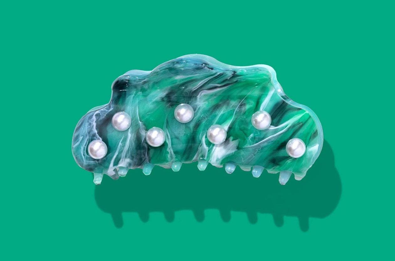 TAYLOR ELLIOTT DESIGNS Large Claw Hair Clip- Turquoise w/ Pearl Beads