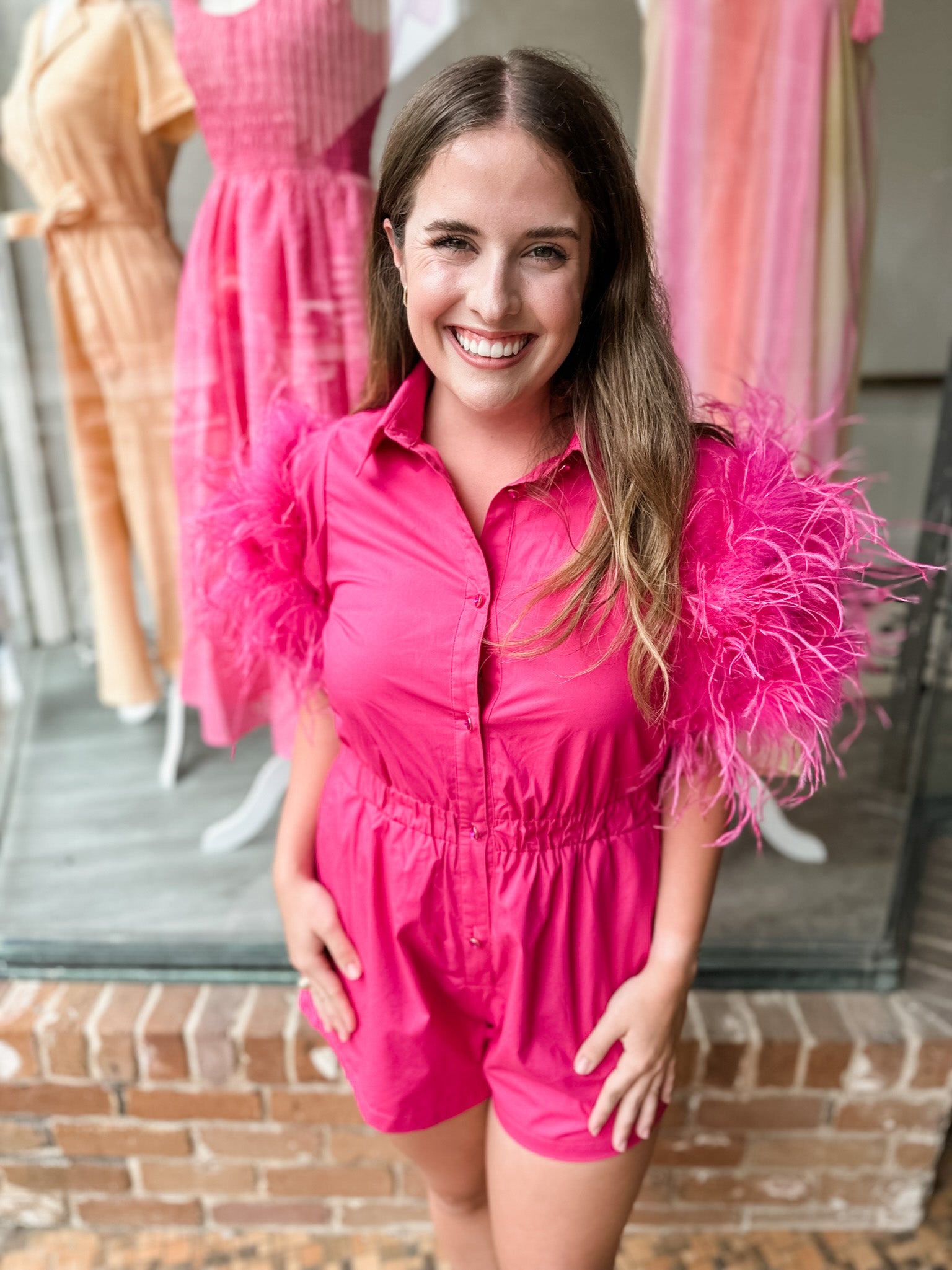 QUEEN OF SPARKLES Hot Pink Feather Sleeve Romper